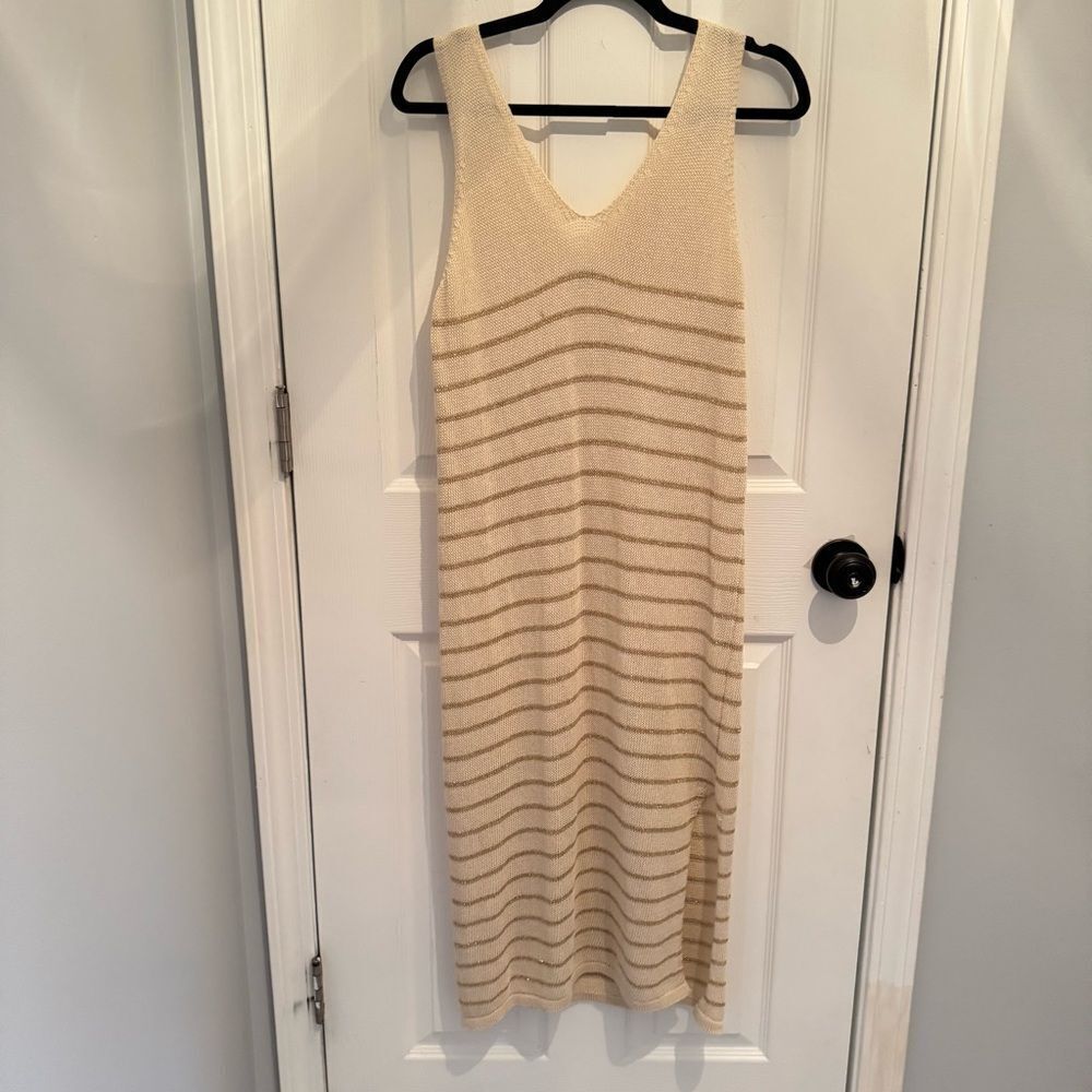 Floris Women's Crochet Beige Metallic Gold Coverup Dress